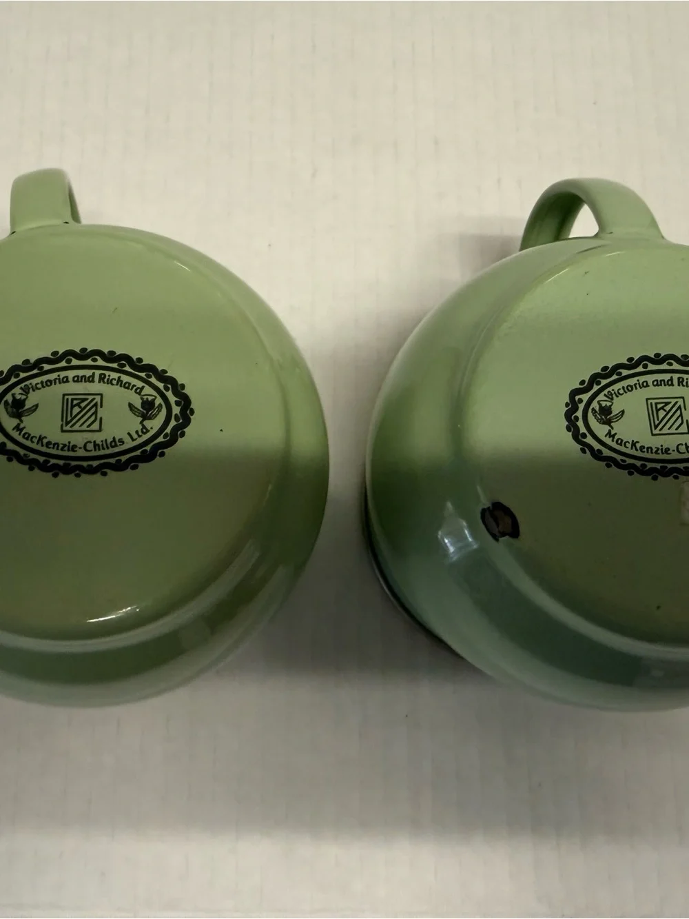 Pair of Green Ceramic Vases with Brass Rim